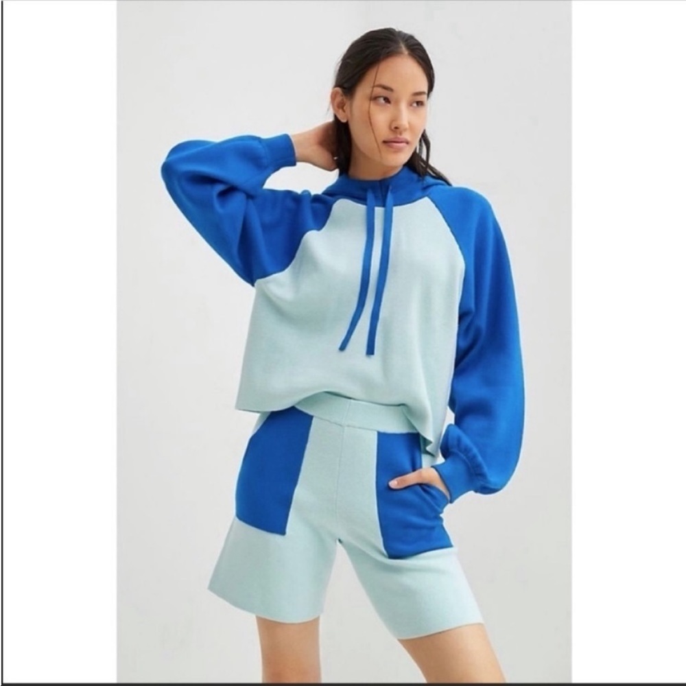 Anthropologie Colorblock Lounge Set Hoodie Shorts Blue Cozy Size Small NWT